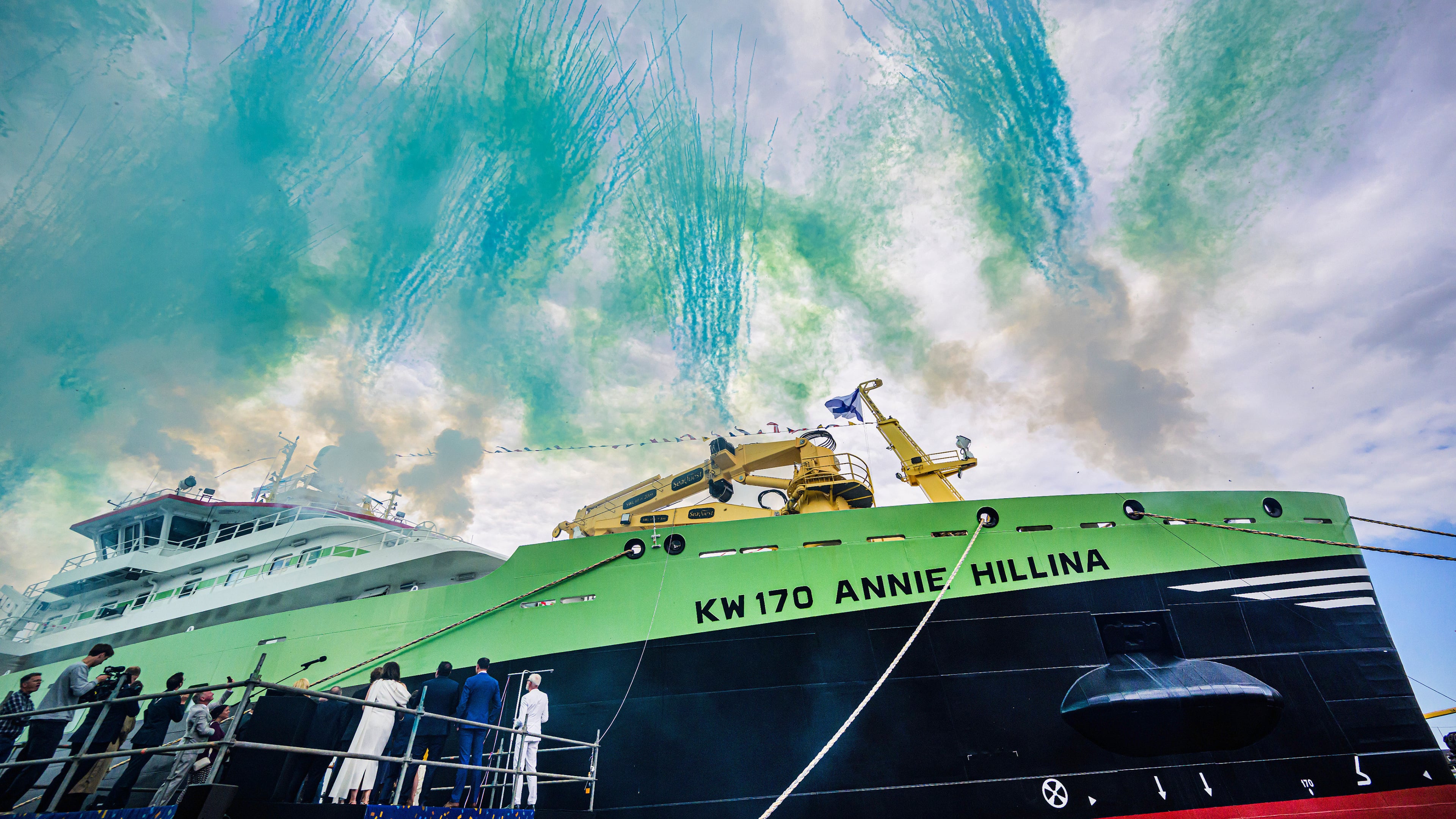 Foghorns, fireworks and smoke at the christening of new trawler Annie Hillina as Bloom protest group leaves early